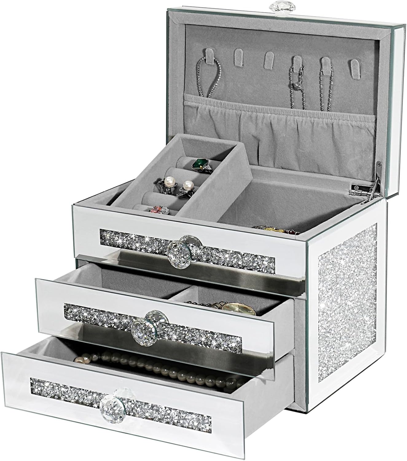 Mirrored Jewelry Box, 3-Layer Glass Jewelry Organizer with Lid & 2 Drawers, Silver Crushed Diamond Home Decor, Fancy Gift for Her (9.3" L x 6.3" W x 7.1" H)