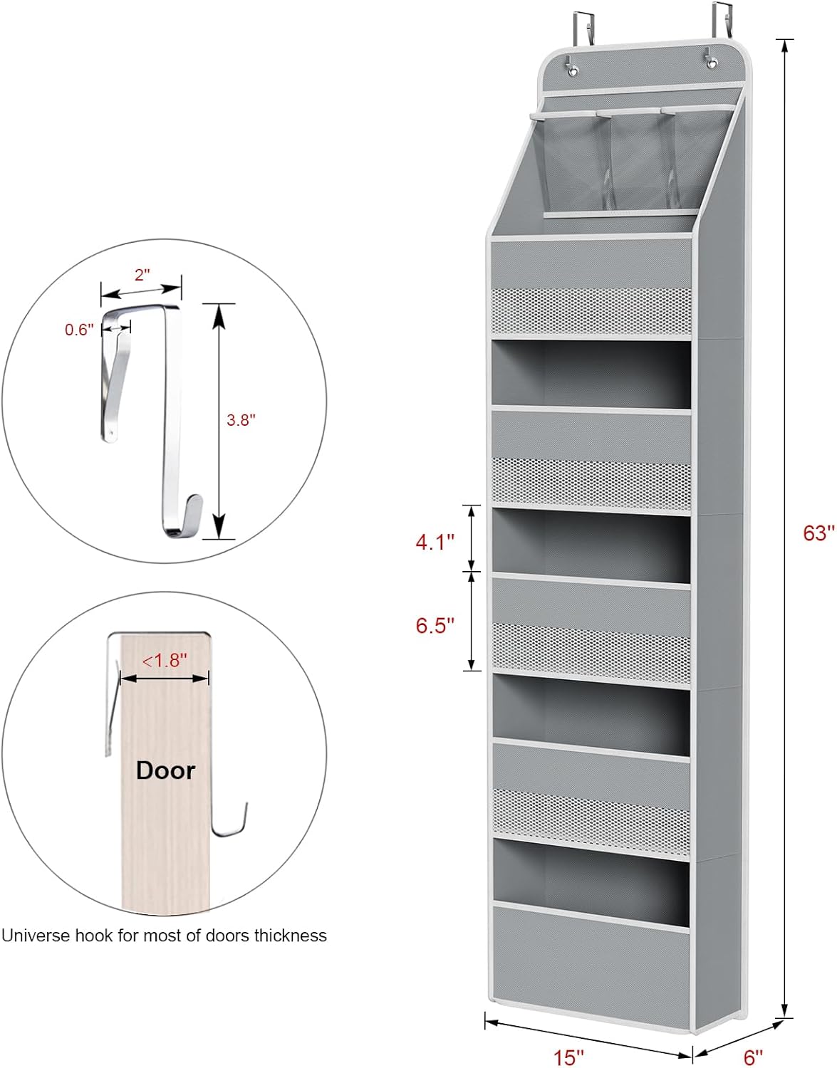 Univivi 6-Shelf Over Door Hanging Organizer Fabric Baby Door Storage with 5 Large Pockets and 3 Small PVC Pockets Wall Mount Hanging Storage Organizers for Baby Essential (Grey)