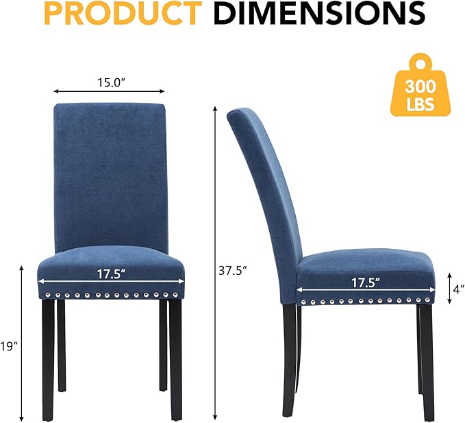 LSSPAID Dining Chairs Set of 2, Fabric Upholstered Dining Room Parson Chair with Nailhead Trim and Solid Wood Legs for Home and Kitchen, Blue