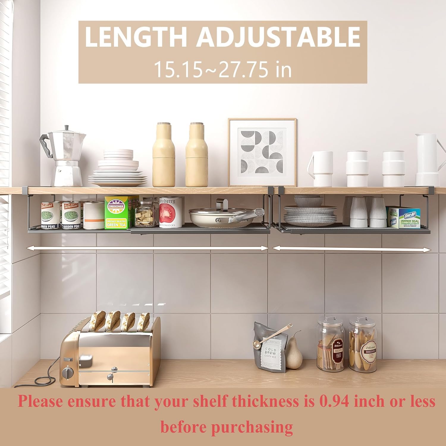 Expandable Under Cabinet Shelf, Extendable Under Shelf Storage with 0.94 Inches Thick Clips for Pantry Cabinet, Laundry Room, Shoe Rack. (Black, 1 Pack, Interior: 3.66" H x 8.26" D)
