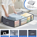 Under Bed Storage Containers, 8 Pack Blanket Storage Bags, Collapsible Storage Bags with Big Zippers, Clear Front, Shoe Storage and Organization for Clothes, Comforter, 60L, Grey