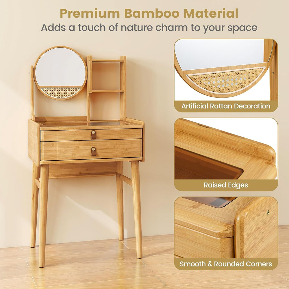 CHARMAID Small Bamboo Vanity Desk with Mirror and Stool, Glass Top Makeup Van...
