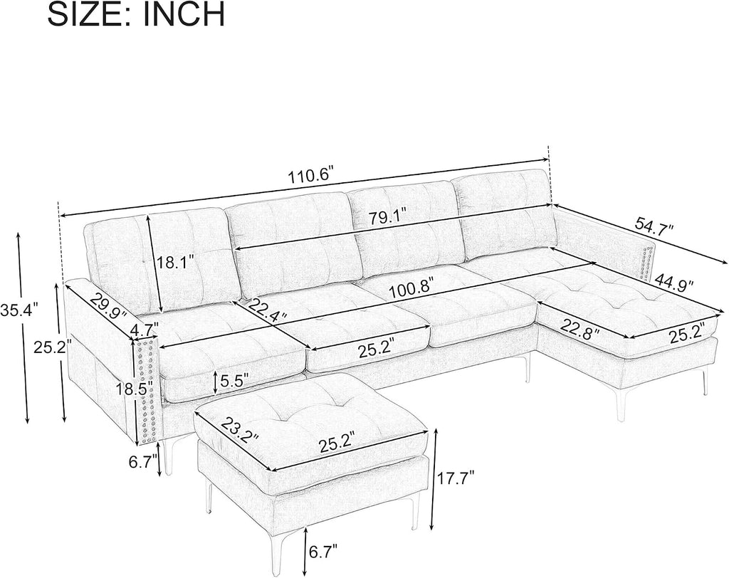 P PURLOVE Velvet Modern Large Sectional Sofa, U Shape Upholstered Couch with Chaise, Convertible Sofa Couch with Movable Ottoman for Living Room Apartment (Blue)