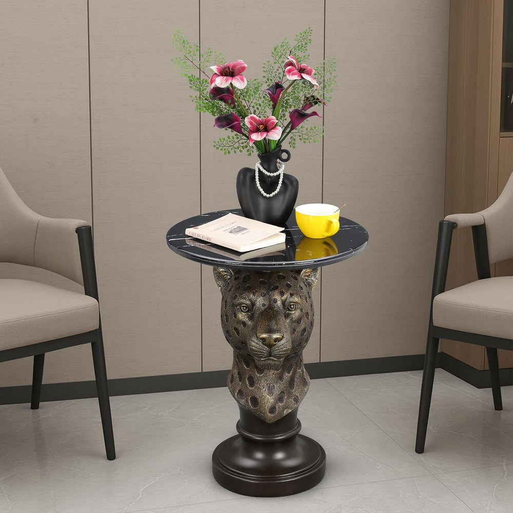 Creative Leopard Head Side Table with Faux Marble Top - Resin Animal Statue E...