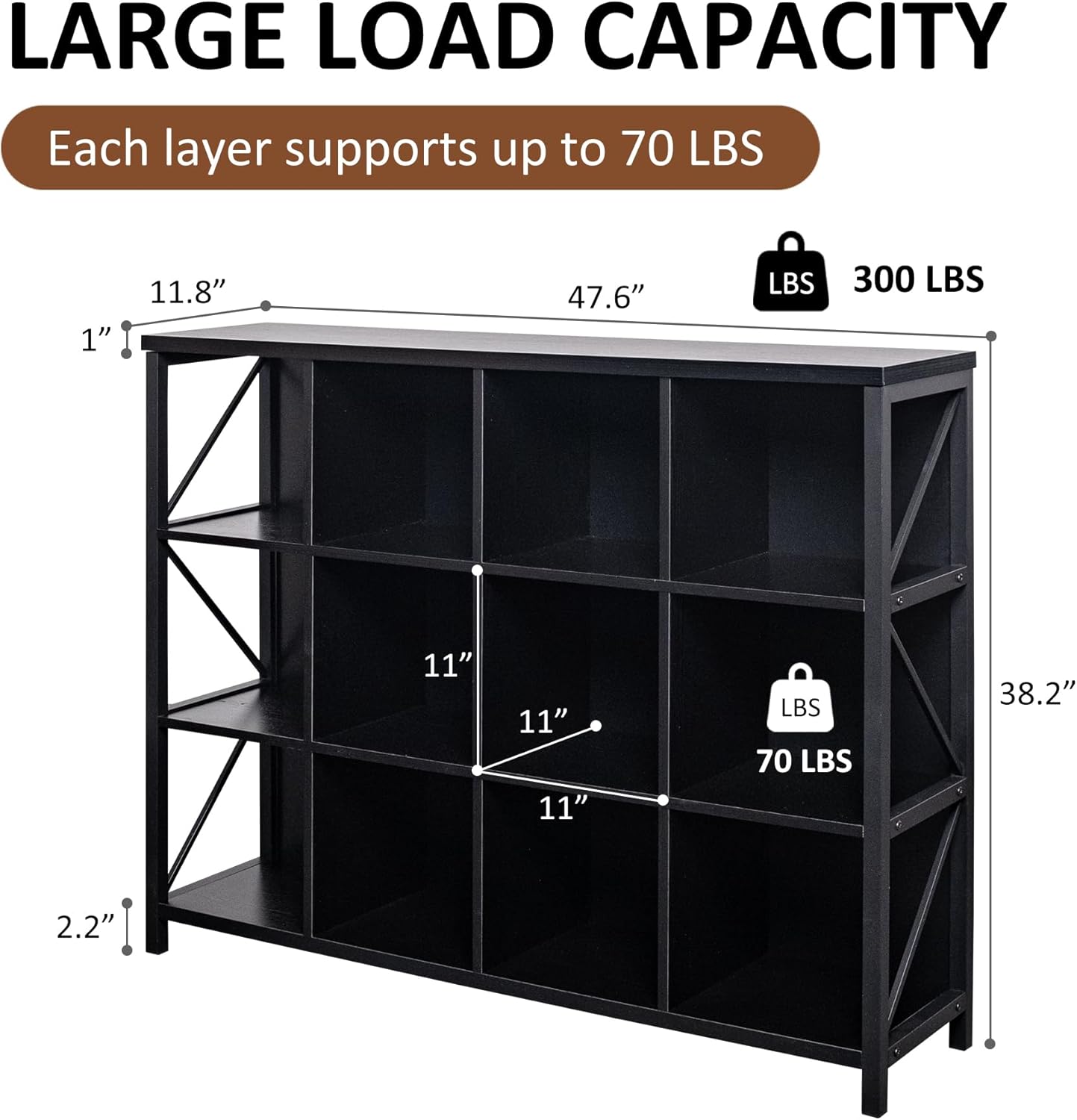 12 Cube Storage Organizer Bookshelf, Industrial Horizontal Bookcase, Accent Cubby Shelf, Media Console Table for Living Room, Home Office, 11.8" D x 47.6" W x 38.2" H, Black