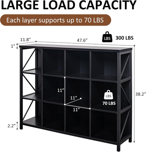 12 Cube Storage Organizer Bookshelf, Industrial Horizontal Bookcase, Accent Cubby Shelf, Media Console Table for Living Room, Home Office, 11.8" D x 47.6" W x 38.2" H, Black
