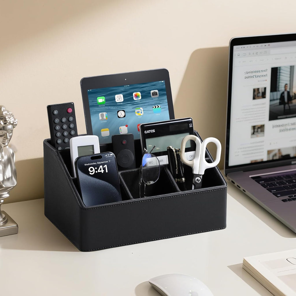PU Leather Desk Organizer, Luxury Remote Control Holder for Home, Office Desk Accessories Table Caddy Bedside Nightstand Organizer (Black)