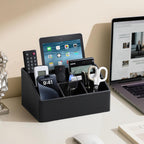 PU Leather Desk Organizer, Luxury Remote Control Holder for Home, Office Desk Accessories Table Caddy Bedside Nightstand Organizer (Black)