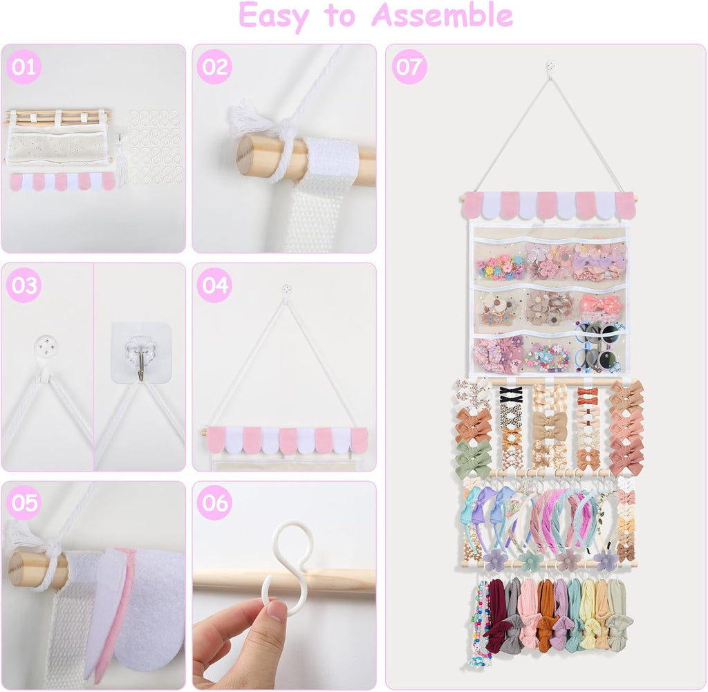 New Upgraded Bow Organizer for Girls, Headband Holder w/ 9 Mesh Pockets,Hair Bow Holder Clip Organizer, Wall Hair Accessories Organizer for Baby Girl Nursery Decor(32x15inch,Beige Pink)