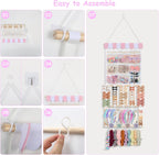 New Upgraded Bow Organizer for Girls, Headband Holder w/ 9 Mesh Pockets,Hair Bow Holder Clip Organizer, Wall Hair Accessories Organizer for Baby Girl Nursery Decor(32x15inch,Beige Pink)
