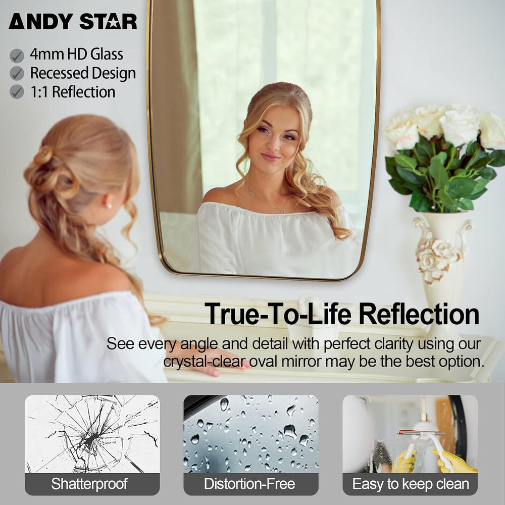 ANDY STAR 30x30 Gold Bathroom Mirror, Oblong Brass Mirror with Stainless Stee...