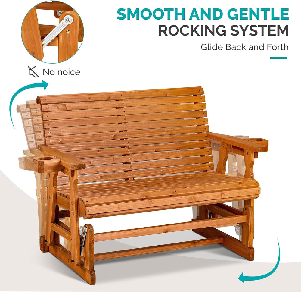 VINGLI Outdoor Glider Wood Patio Chair with Cup Holders, Outdoor Bench Glider...