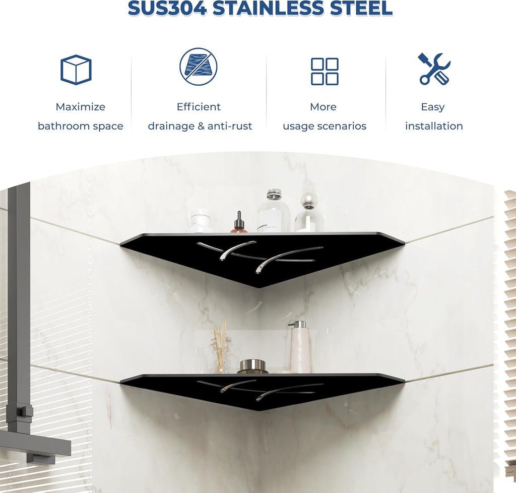 FerdY 2-Pack 10" Matte Black Recessed Corner Shower Shelf, for Tiled Bathroom Walls, Floating Shower Shelf, 304 Stainless Steel Shower Caddy Storage Shelves, No Drilling Required, Irregular Diamond