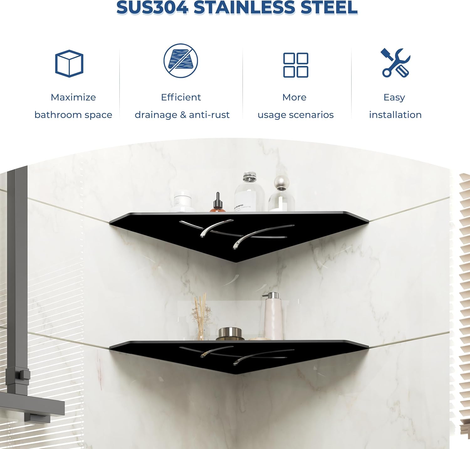 FerdY 2-Pack 10" Matte Black Recessed Corner Shower Shelf, for Tiled Bathroom Walls, Floating Shower Shelf, 304 Stainless Steel Shower Caddy Storage Shelves, No Drilling Required, Irregular Diamond