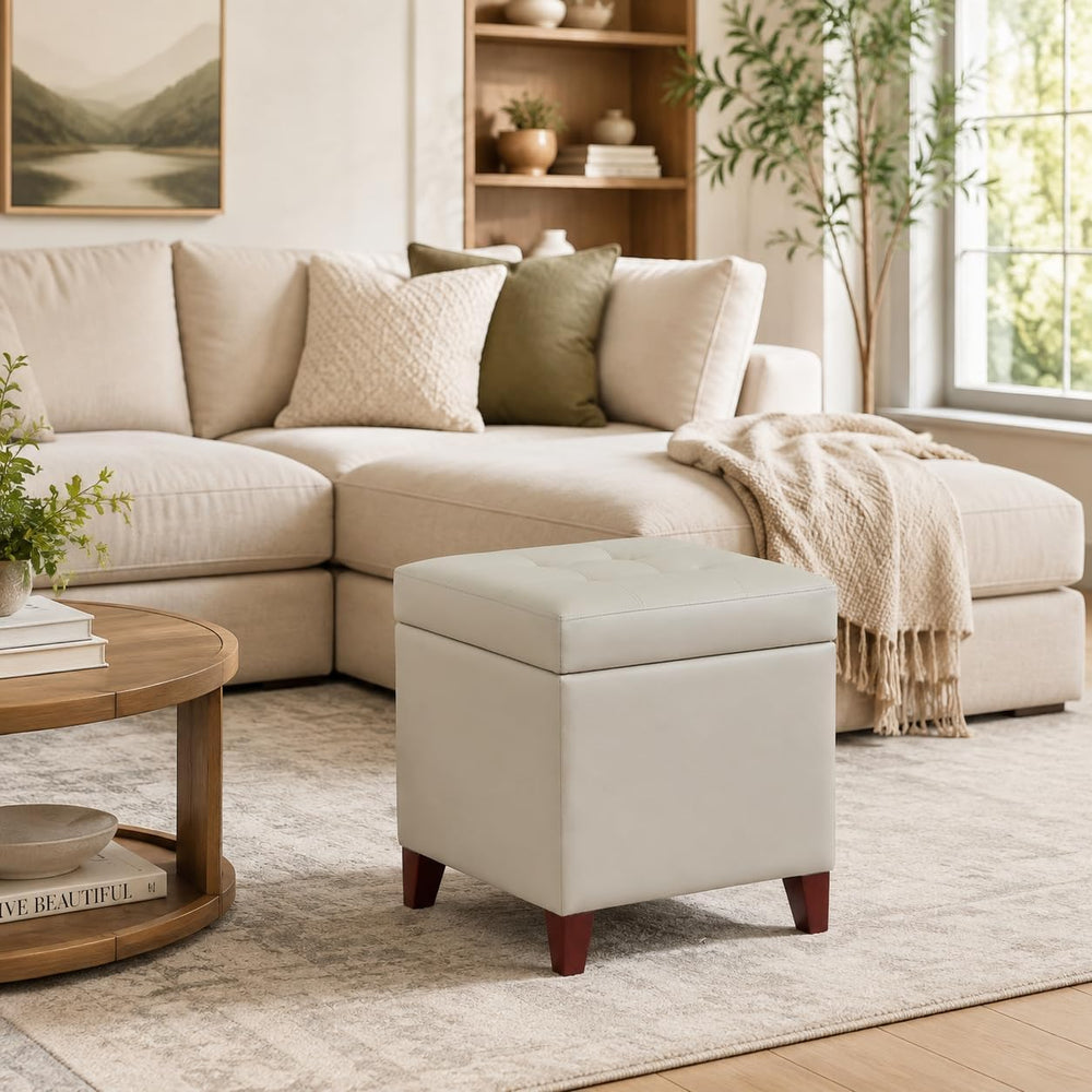 Leather Ottoman with Storage Beige-Grey Square Storage Ottoman | 18" Squ...