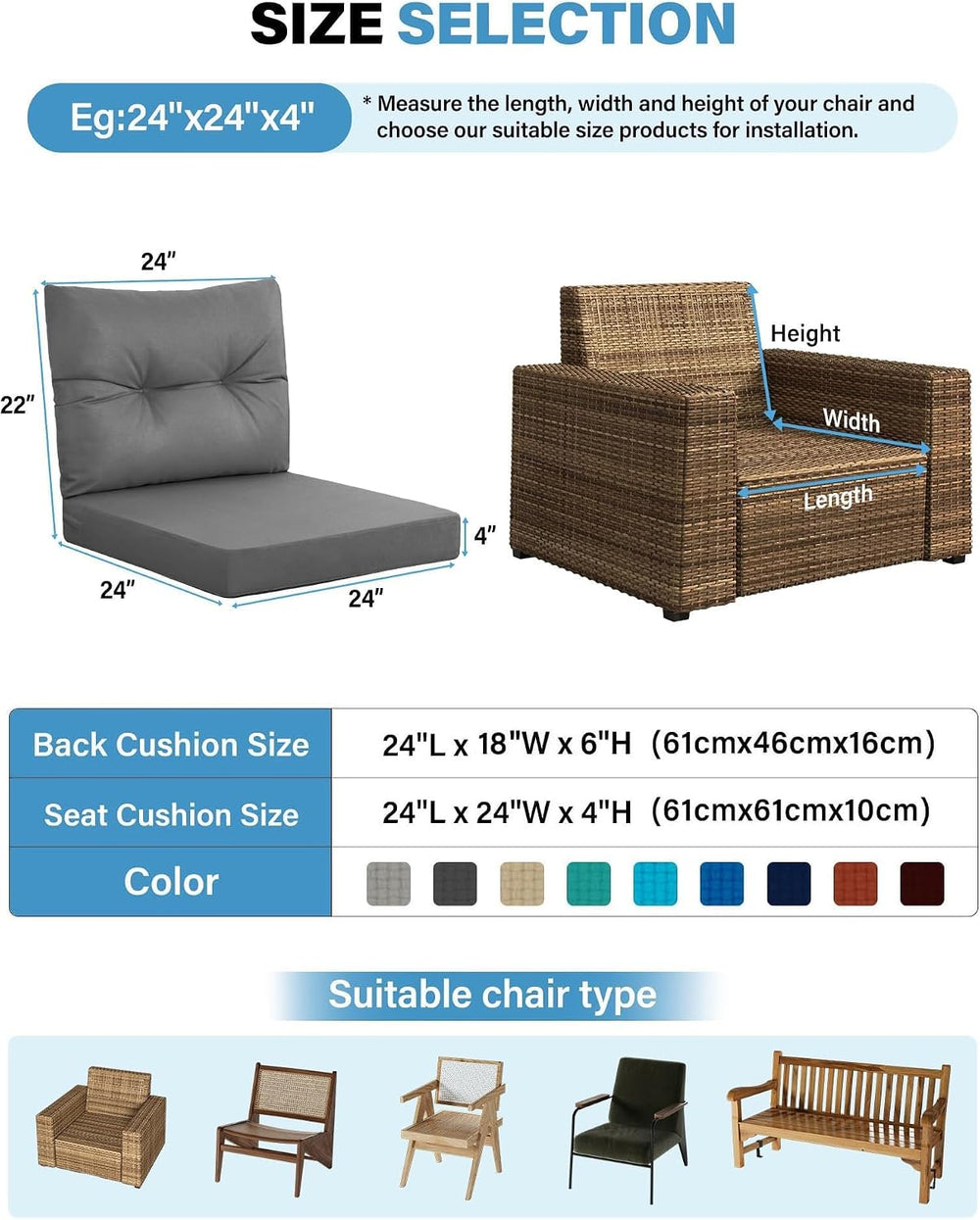 YEFU 24x24 Outdoor Cushions, Outdoor Seat Cushions Set of 2, Dark Gray