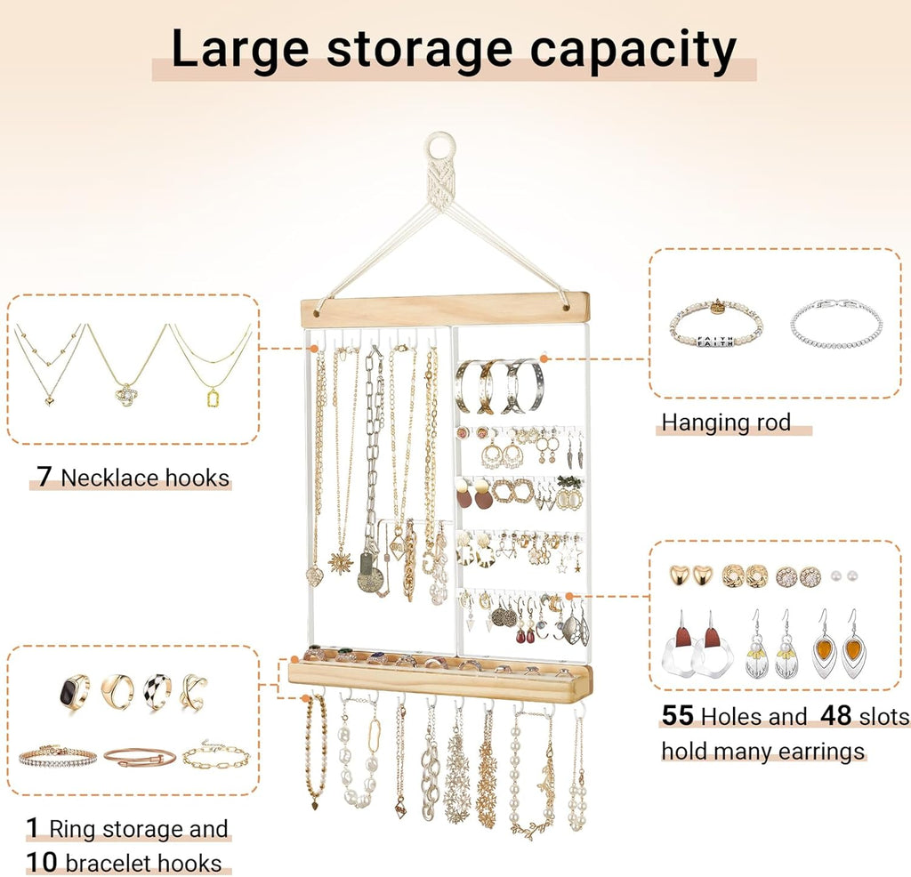 Mkono Hanging Jewelry Organizer Wall Mounted Earring Holder Metal Necklace Holder Wood Shelf with 55 Holes and 7 Hooks Display Rack For Storage Bracelet Rings Ear Studs Accessories Women Bedroom Decor
