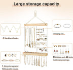Mkono Hanging Jewelry Organizer Wall Mounted Earring Holder Metal Necklace Holder Wood Shelf with 55 Holes and 7 Hooks Display Rack For Storage Bracelet Rings Ear Studs Accessories Women Bedroom Decor