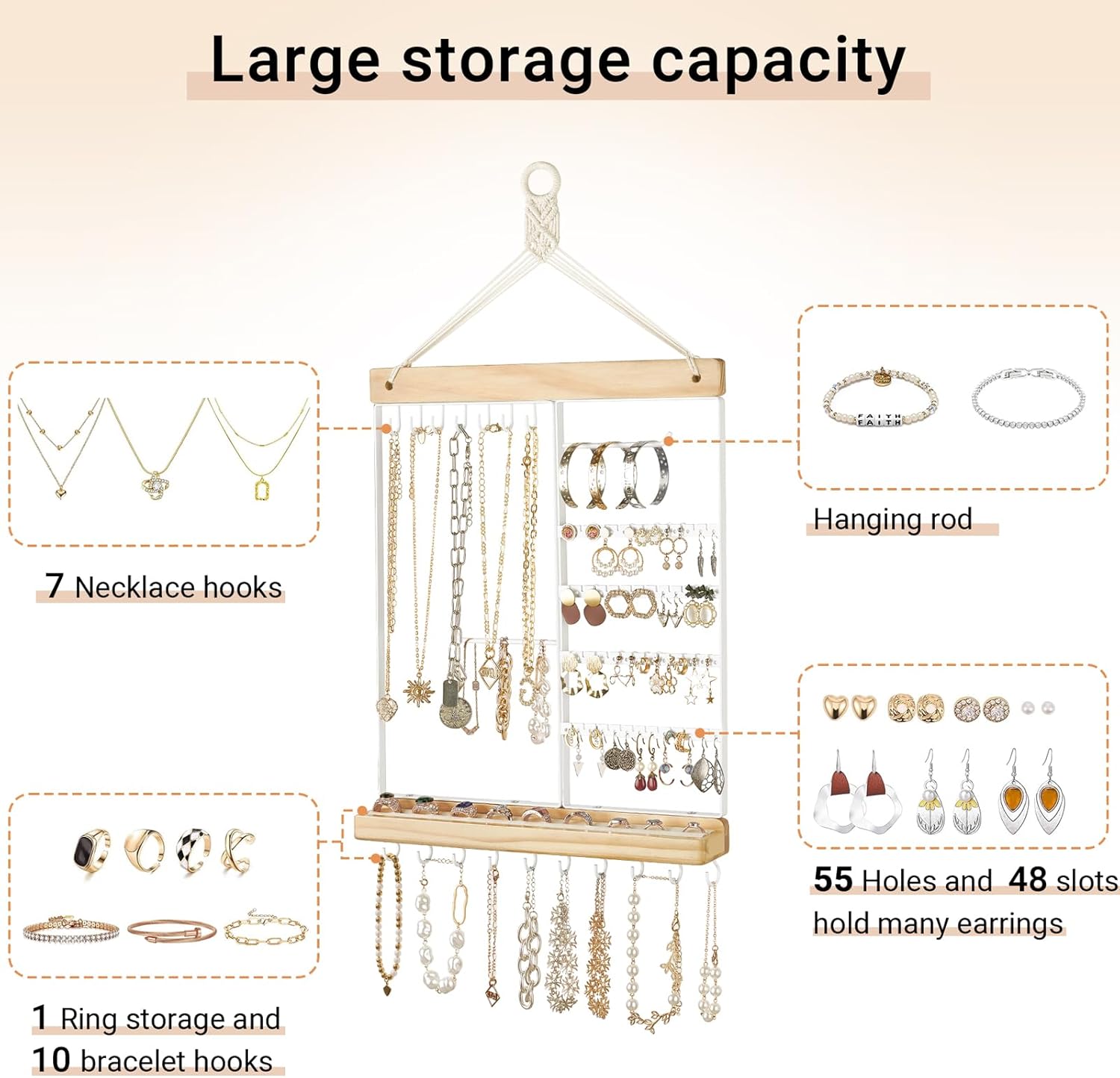 Mkono Hanging Jewelry Organizer Wall Mounted Earring Holder Metal Necklace Holder Wood Shelf with 55 Holes and 7 Hooks Display Rack For Storage Bracelet Rings Ear Studs Accessories Women Bedroom Decor