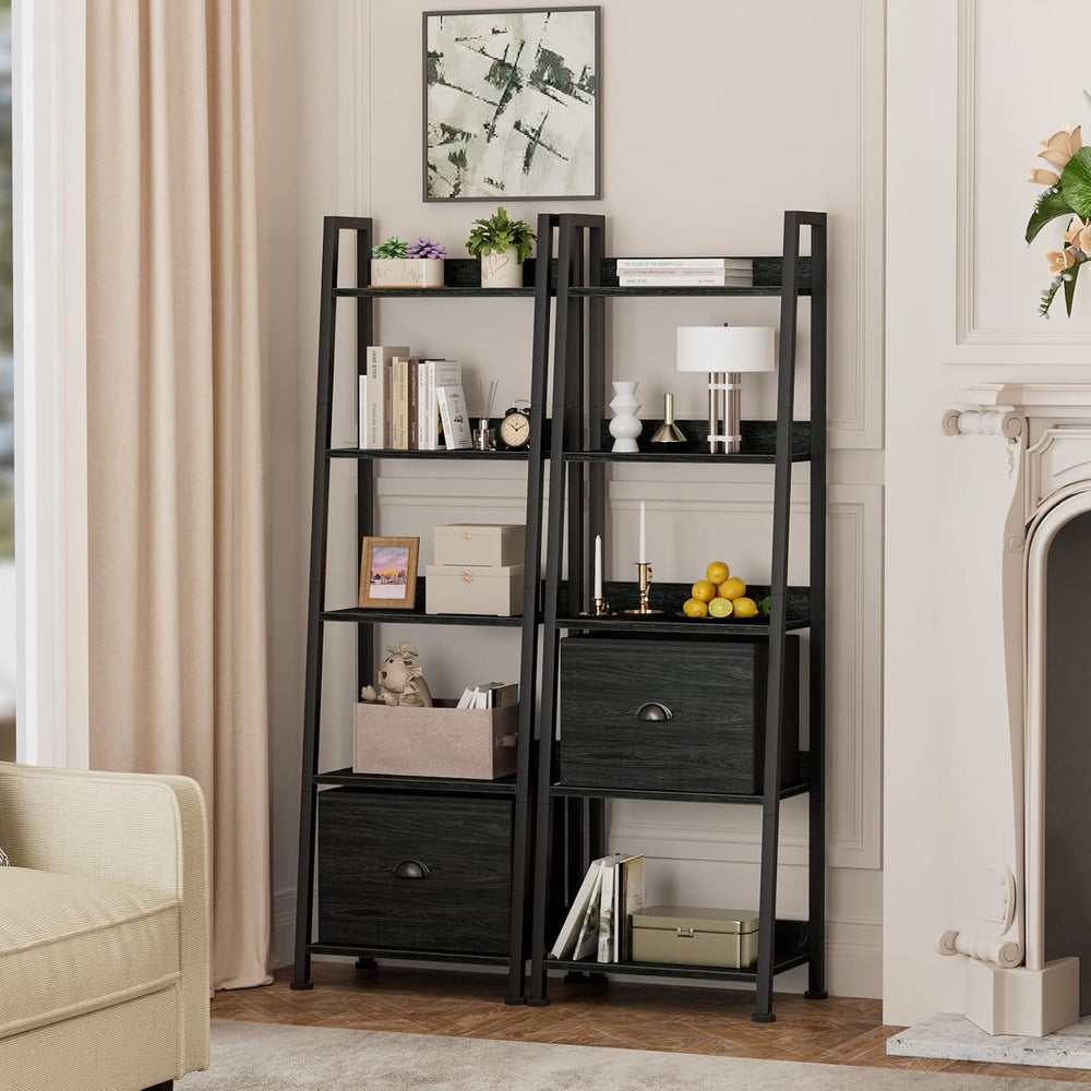 Furologee Ladder Shelf, 5 Tier Bookshelf with Fabric Drawer, Black Oak