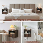 Modern Fluted Floating Nightstand Wall Mounted Set of 2- Bedside Table with Storage Drawer & Display Shelf, Minimalist Bedroom Furniture for Studio Apartments (Walnut)