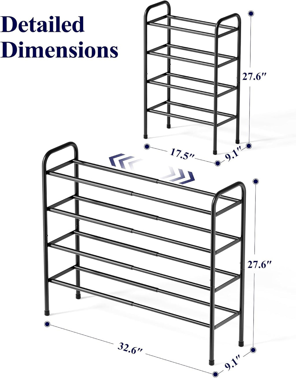 Kitsure Extendable Shoe Rack - 2-Tier Adjustable Metal Shoe Organizer, Sturdy Rust-Resistant Shoe Shelf for Entryway, Closet, or Bedroom, 17.5"–32.6" x 9.1" x 27.6", Black