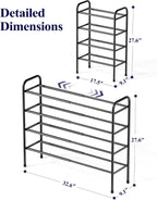 Kitsure Extendable Shoe Rack - 2-Tier Adjustable Metal Shoe Organizer, Sturdy Rust-Resistant Shoe Shelf for Entryway, Closet, or Bedroom, 17.5"–32.6" x 9.1" x 27.6", Black