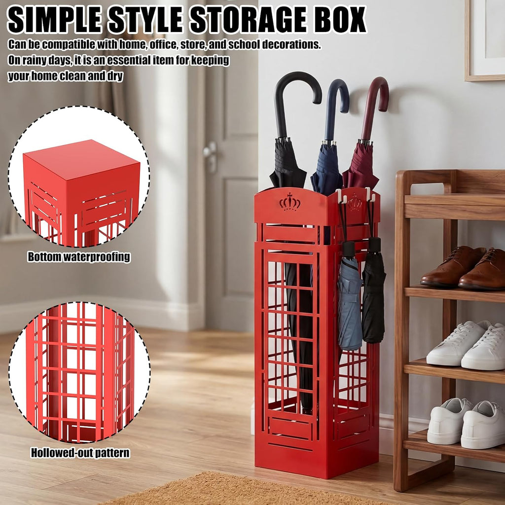 Square Metal Umbrella Holder, Square Free Standing Umbrella Rack Decorative Umbrella Holder Hollow Cutout Pattern Design for Umbrella Cane Entryway Home Office 19.49" X 6.1" X 6.1"(Red hollowed out)