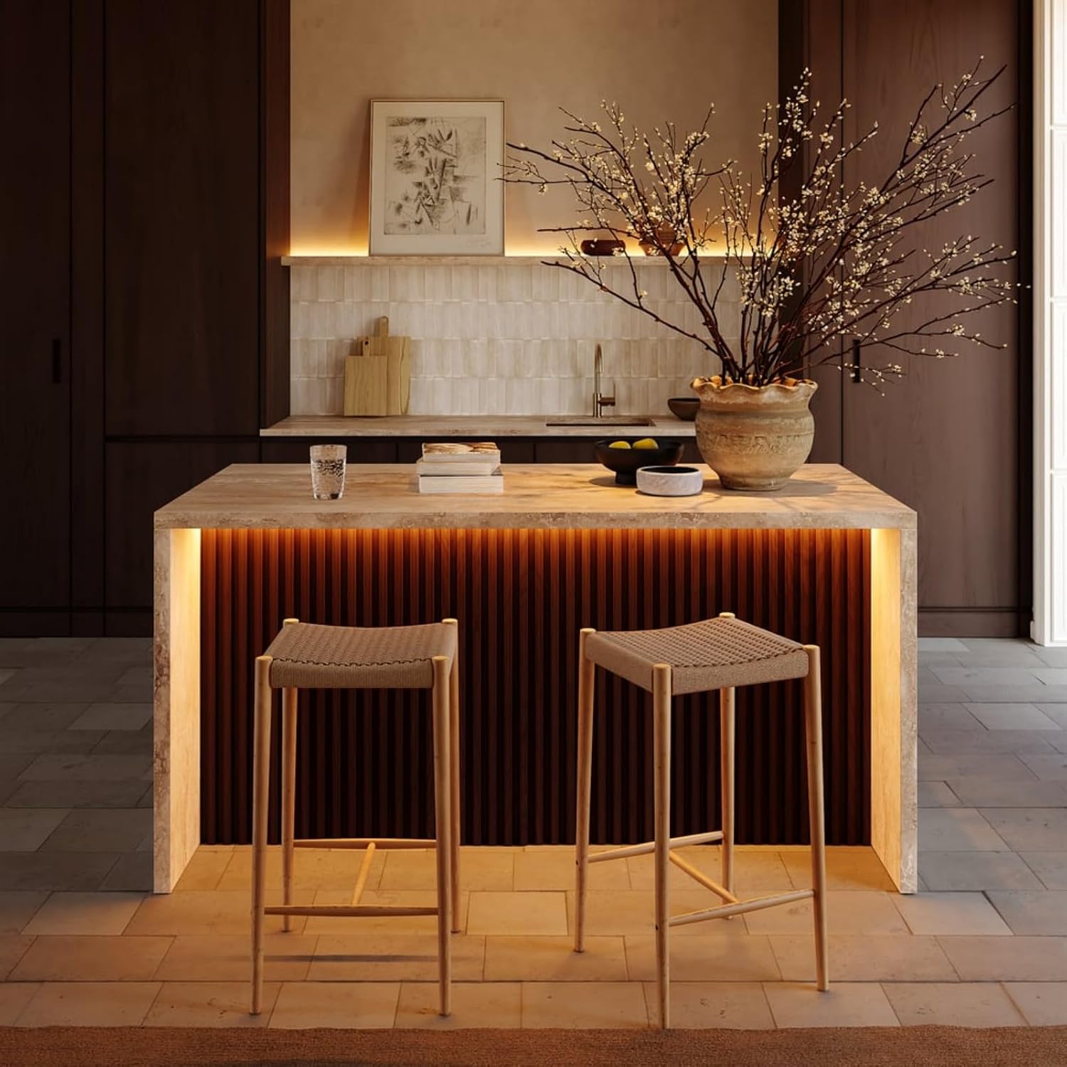 homary 72" Kitchen Island LED & Waterfall Edge - Modern Stationary Large Kitchen Cabinet with 3 Doors, 2 Drawers & Trash Storage, Adjustable Shelves (Matte Travertine & Walnut, Engineered Wood Top)