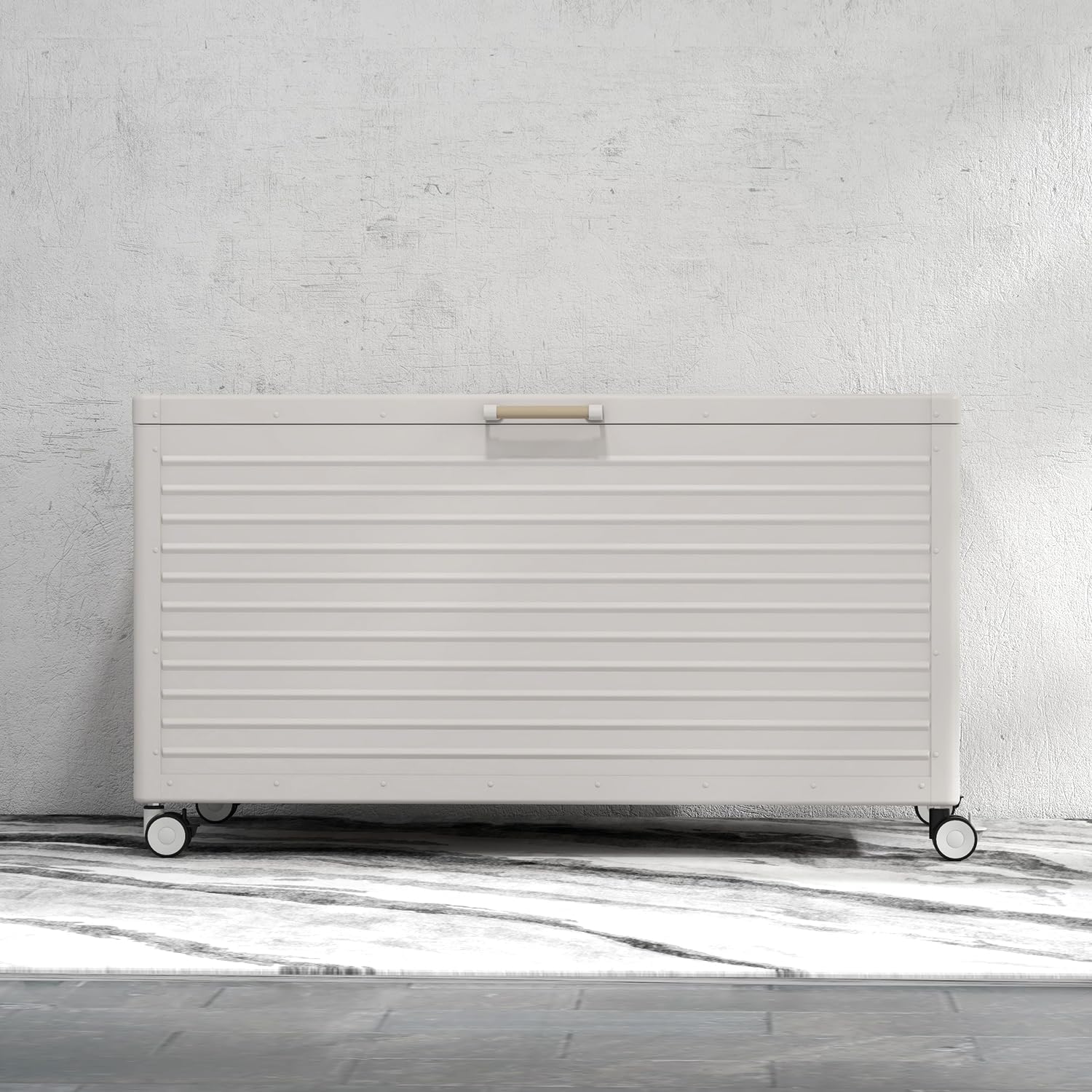 MIRADOR 175 Gallon Outdoor Storage Box Waterproof with Wheels, Metal Deck Box for Patio Furniture, Garden Tools, Outdoor Cushion, Latte