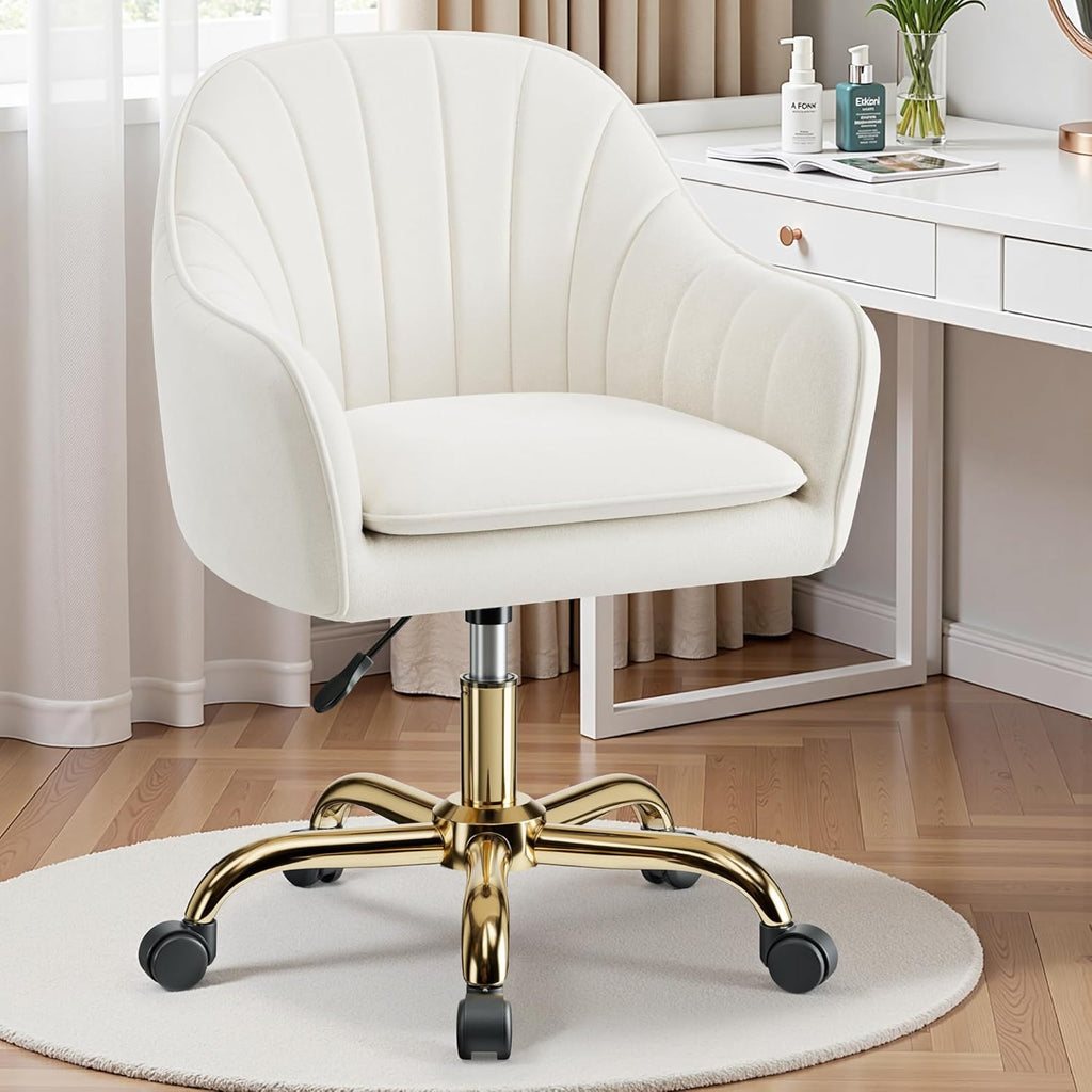 Vanity Chair with Wheels, Comfy Home Office Desk Chairs Adjustable Modern Velvet Makeup Vanity Chairs for Bedroom Living Room-Beige