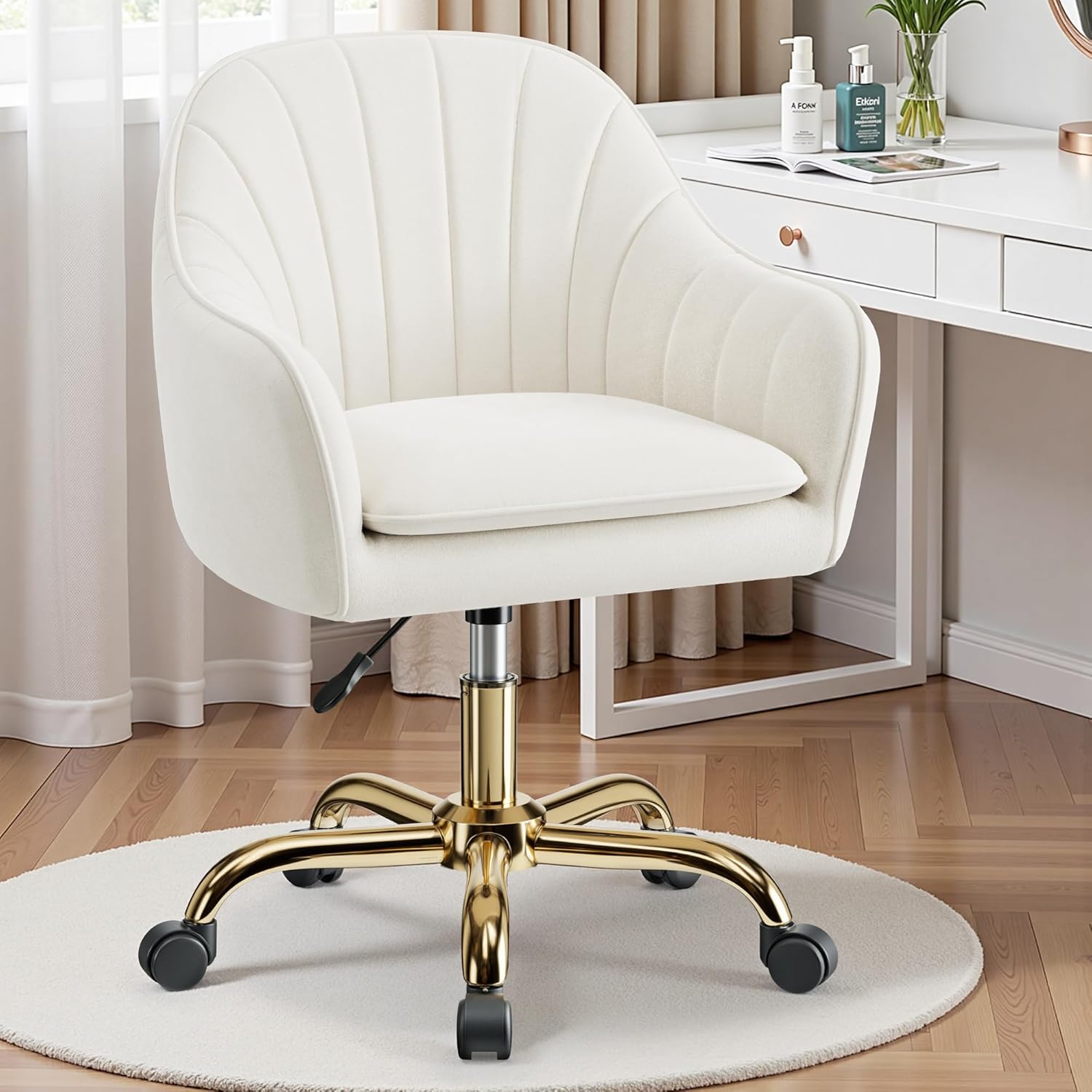 Vanity Chair with Wheels, Comfy Home Office Desk Chairs Adjustable Modern Velvet Makeup Vanity Chairs for Bedroom Living Room-Beige