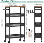 Utility Slim Storage Cart with Wheels, 4 Tier Small Rolling Cart with Wood Top, Metal Kitchen Bathroom Laundry Room Organization Trolley with Handle for Narrow Space – Black
