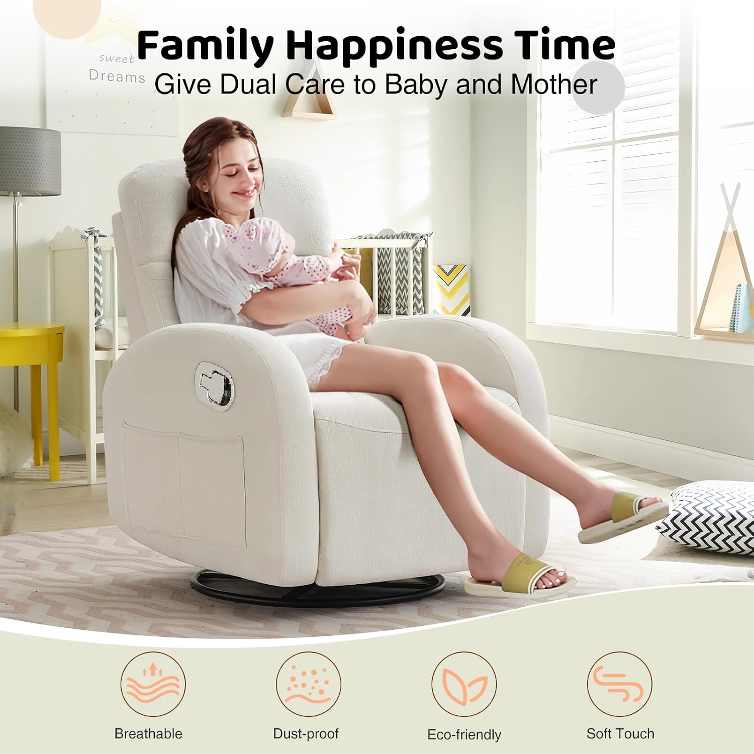 Manual Nursery Glider Recliner,Rocker Recliner Chair, Small Recliner Chair | Small Recliners for Small Spaces, 360° Swivel, 30° Rocker, Lumbar Support,2 Pockets, Chenille Cream White