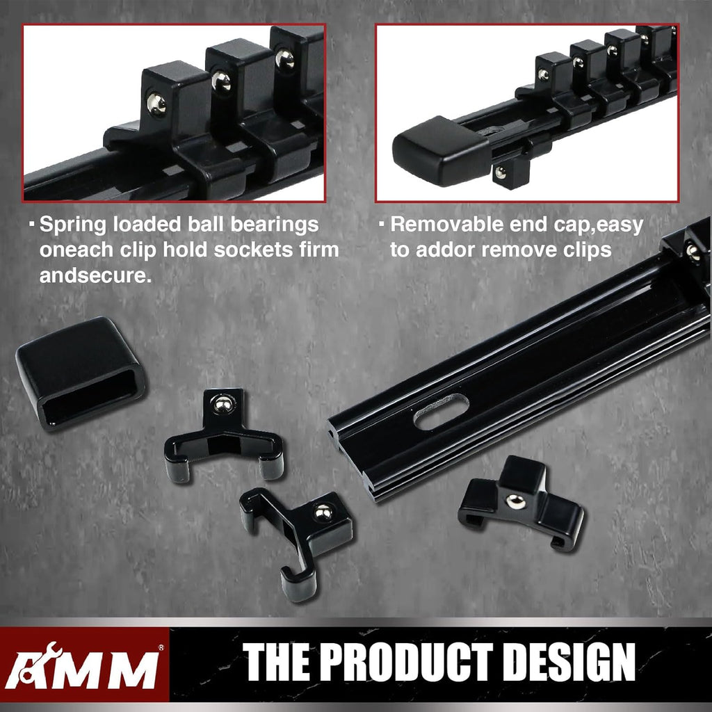 AMM 6-Piece Socket Organizer，3/8 inch Drive ABS Tools-Socket Holder，Heavy Duty Socket Racks，Premium Quality Socket Clip Rail Holder，The best tool trays in the garage