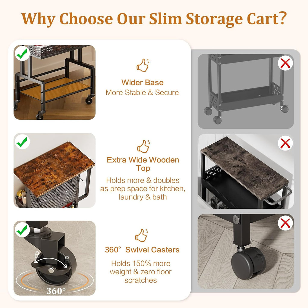 Slim Storage Cart, Narrow Rolling Cart with Wooden Top, Kitchen Cart on Wheels with Paper Towel Holder, Small Skinny Utility Cart for Laundry Room Bathroom, Thin Standing Spice Rack Snack Cart