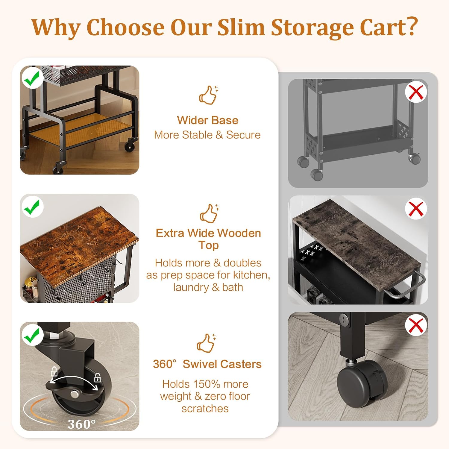 Slim Storage Cart, Narrow Rolling Cart with Wooden Top, Kitchen Cart on Wheels with Paper Towel Holder, Small Skinny Utility Cart for Laundry Room Bathroom, Thin Standing Spice Rack Snack Cart
