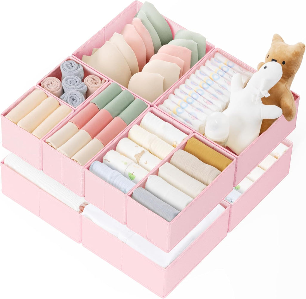 Criusia Drawer Organizer Clothes, 10 Pack Dresser Organizer for Baby Clothes, Underwear, Sock- Foldable Closet Organization and Storage Dividers Bins for Nursery, Bedroom (Pink)