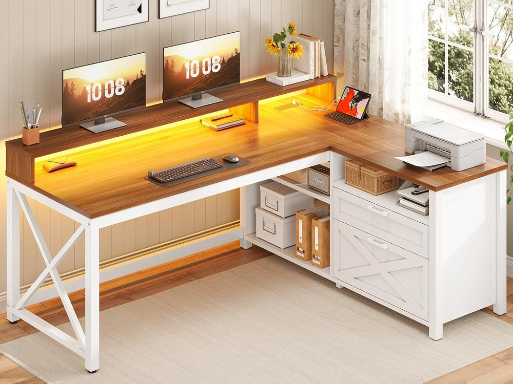 SEDETA Farmhouse L Shaped Desk, 55" Home Office Desk with Drawers and St...