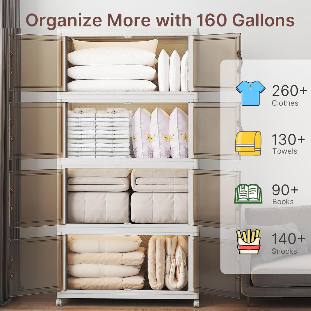 640Qt Stackable Storage Bins with Lids, 4 Pack Large Collapsible Bins with Wheels, Plastic Cabinet with Doors, Foldable Closet Organizers and Storage for Home, Dorm, Office, White