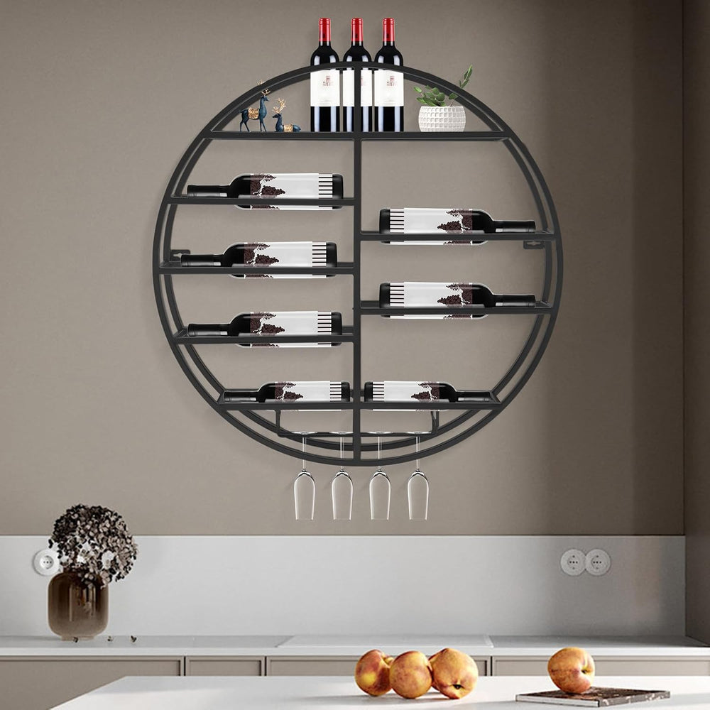 23.6 Inch Wall Mounted Wine Rack w/Glass Holder, Round Iron Wine Shelf, 7 Bot...