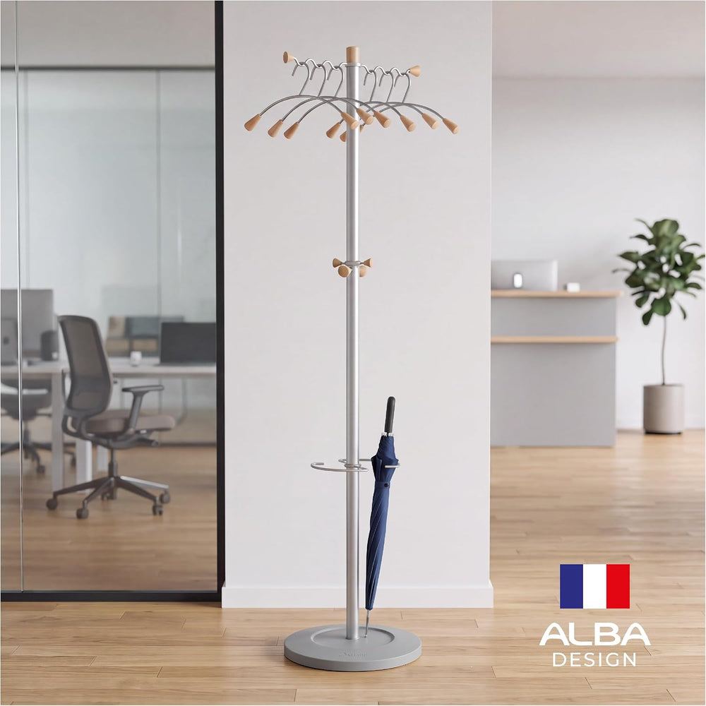 Alba Wavy Coat Tree, 6 Coat Hangers, 2 Knobs, 4 Hooks and Umbrella Stand with...