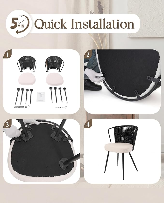 BedsPick Rattan Dining Chair Set of 6 - Farmhouse Upholstered Cane Back Kitchen Chair with Boucle Cushion, Wingback Dining Room Seat with Metal Legs for Home, Kitchen (Black)