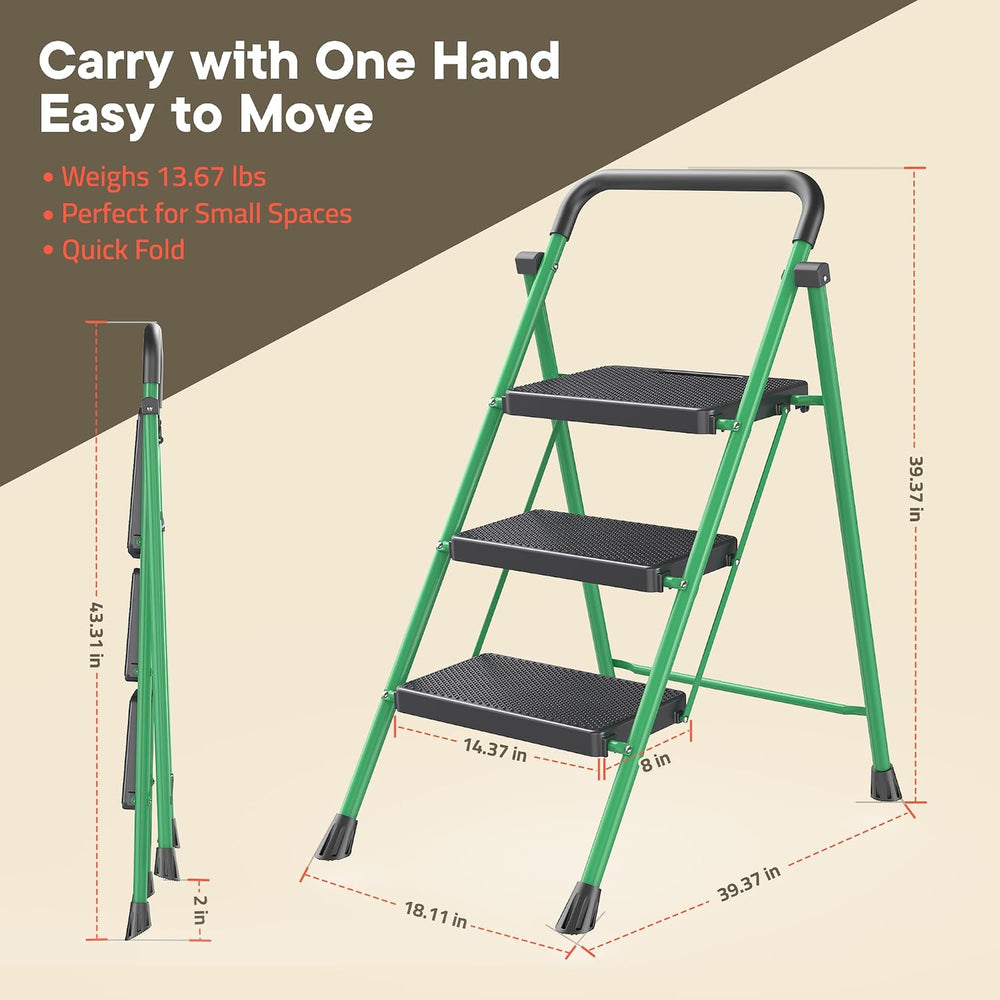 Green 3 Step Stool Foldable – Heavy-Duty Foldable Step Stool for Adults, 500 ...