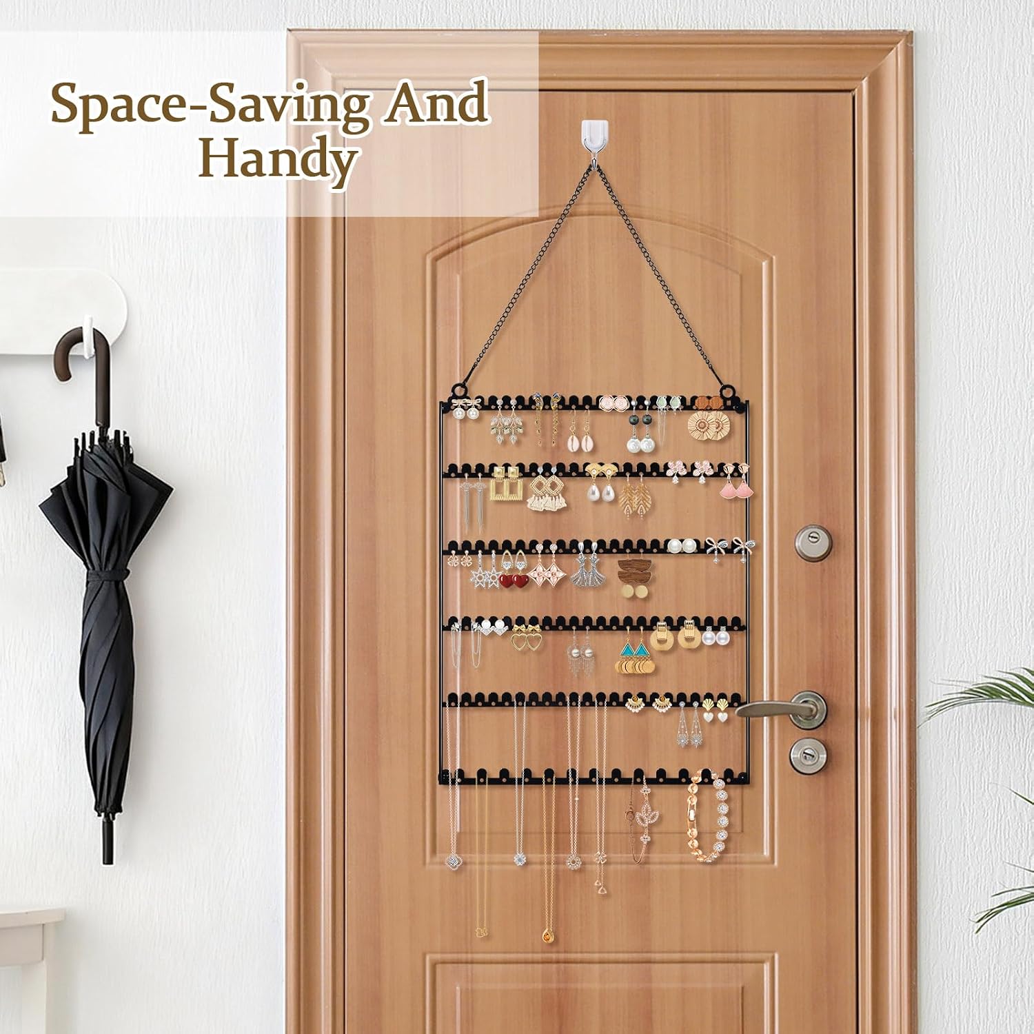 6 Tier Earring Holder Wall Mounted Hanging Earring Organizer, Earring Display Storage with 123 Holes and 129 Grooves Jewelry Organizer Tree for Stud/Hoop/Dangle Earrings Necklace（Black）