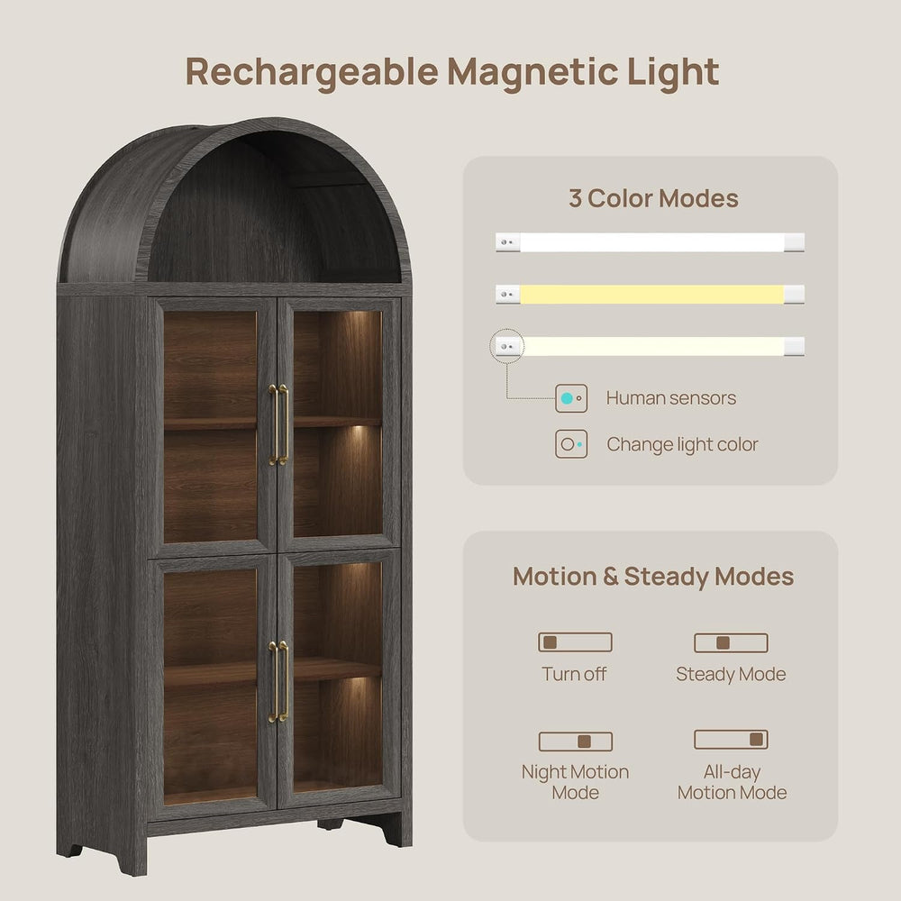 SICOTAS 74" Arched Display Cabinet with Glass Doors Set of 2, Dark Grey Oak