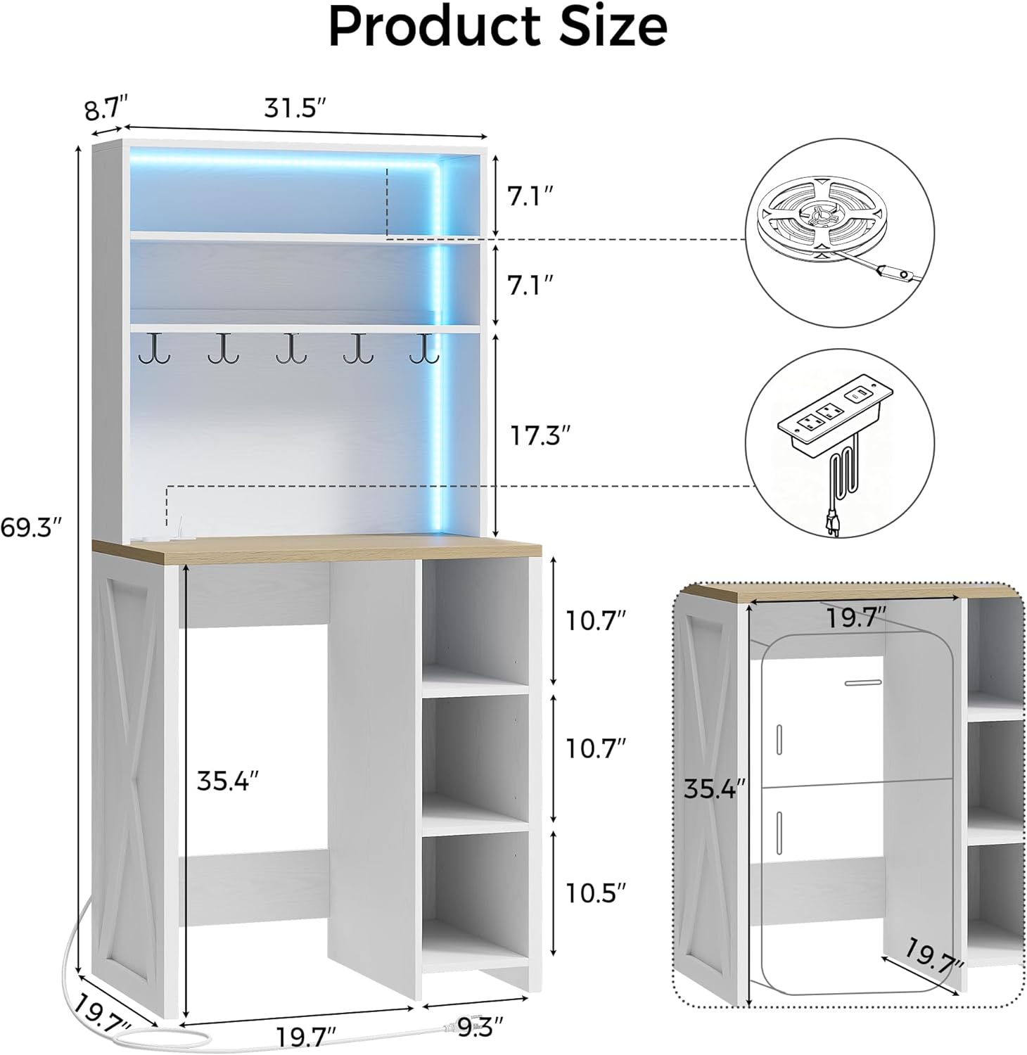 IRONCK Bakers Rack with Mini Fridge Space & Power Outlets, 69.3" Coffee Bar Station with LED Lights, 7-Tier Kitchen Microwave Stand with Hooks & Wooden Backboard, Space-Saving Utility Organizer, White