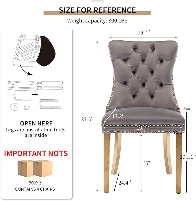 Mid Century Modern Dining Chairs Set of 4, Grey Velvet Upholstered Tufted Back, Kitchen & Dining Room Chairs, Gold Metal Legs, Nailhead Trim, Sillas para Comedor (Gray, 4 Pcs)