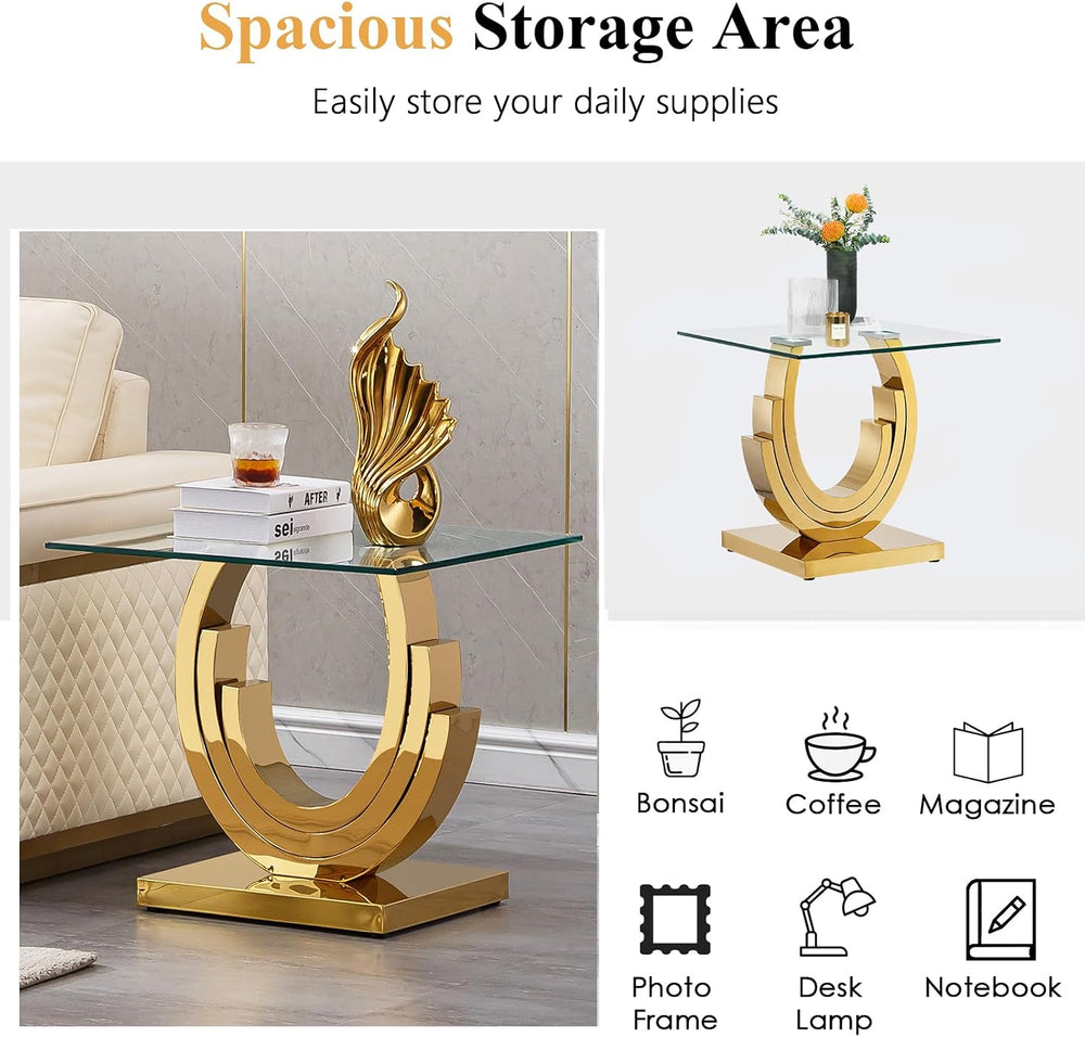 Modern End Table, Living Room End Table with Tempered Glass Top & Geometr...