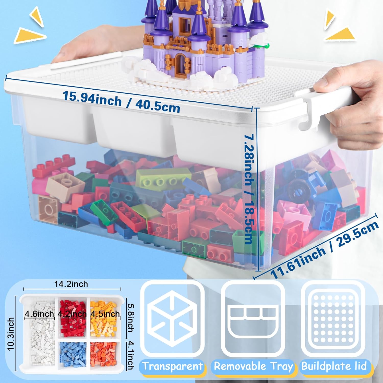 Creahaus 16L Organizers and lego storage Box with Removable Tray and lego building tray kids storage boxes Craft Box for Lego Art, Playdoh, Tool, Craft, Toy(Clear)